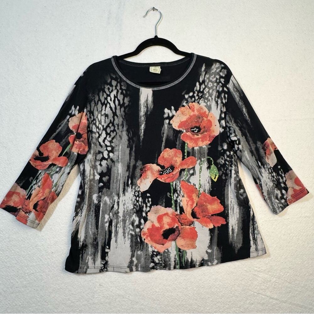 Jess & Jane Rising Flowers Rhinestone 3/4 Sleeve Top Black Cotton Women's Large